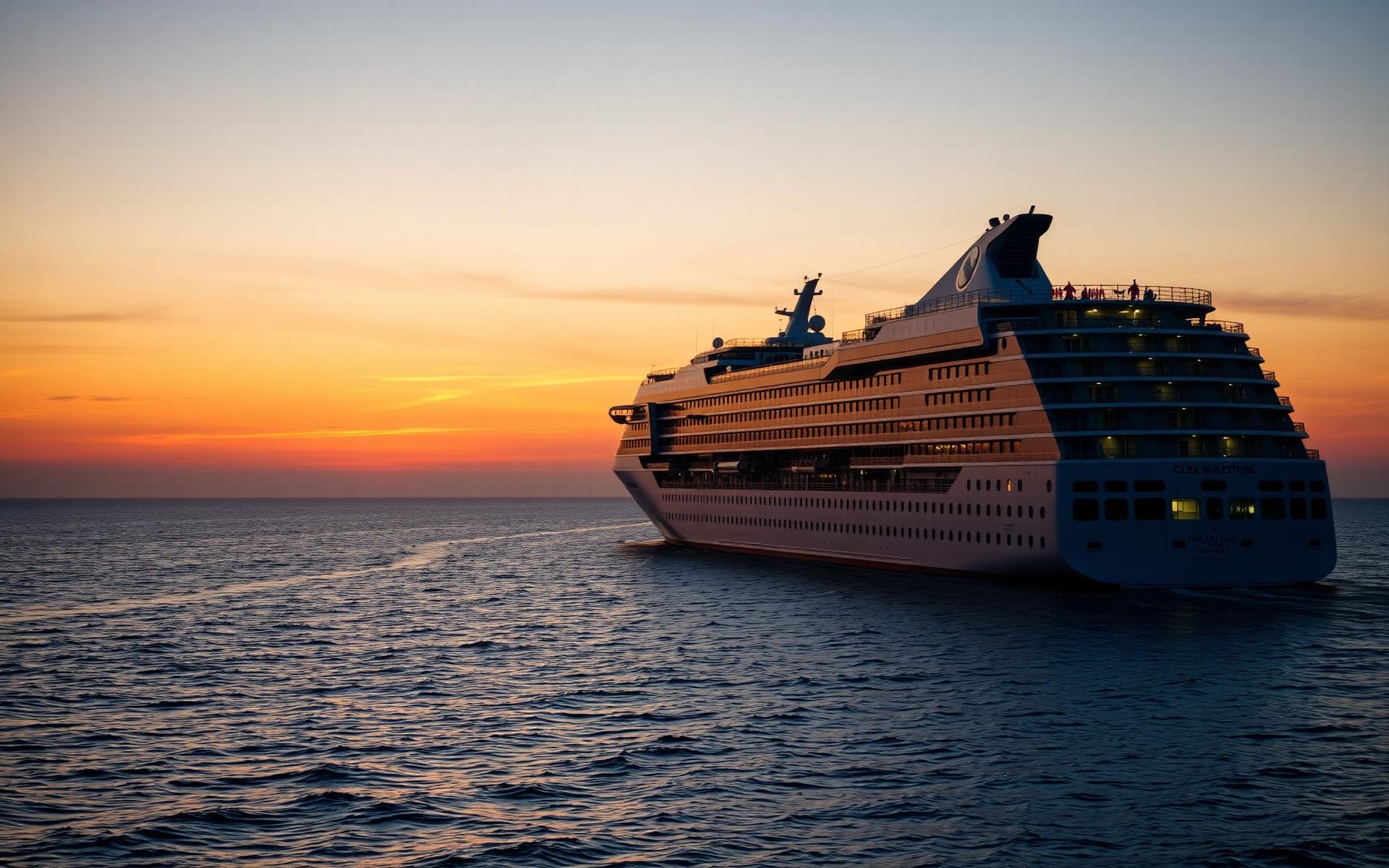 Cruise ship departing a Florida port at sunset